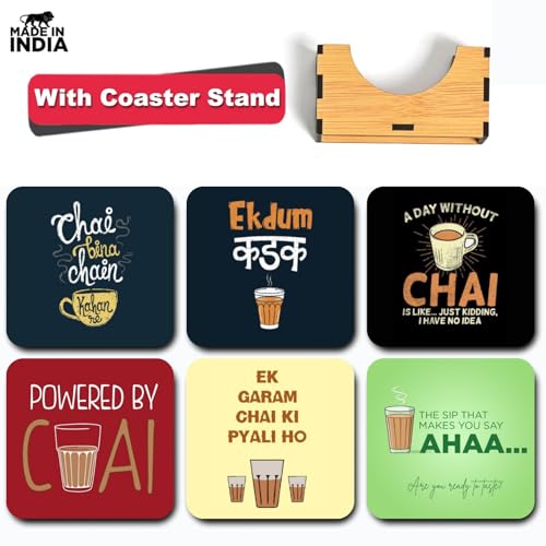 RADIQORE Coaster Set of 6 Beautiful Wooden Tea Coasters with Coaster Stand Designer Coaster Set fit for Tea Cups, Coffee Mugs and Glasses, 6 pc Round 3.5 x 3.5 inch (Design 2) - Image 2