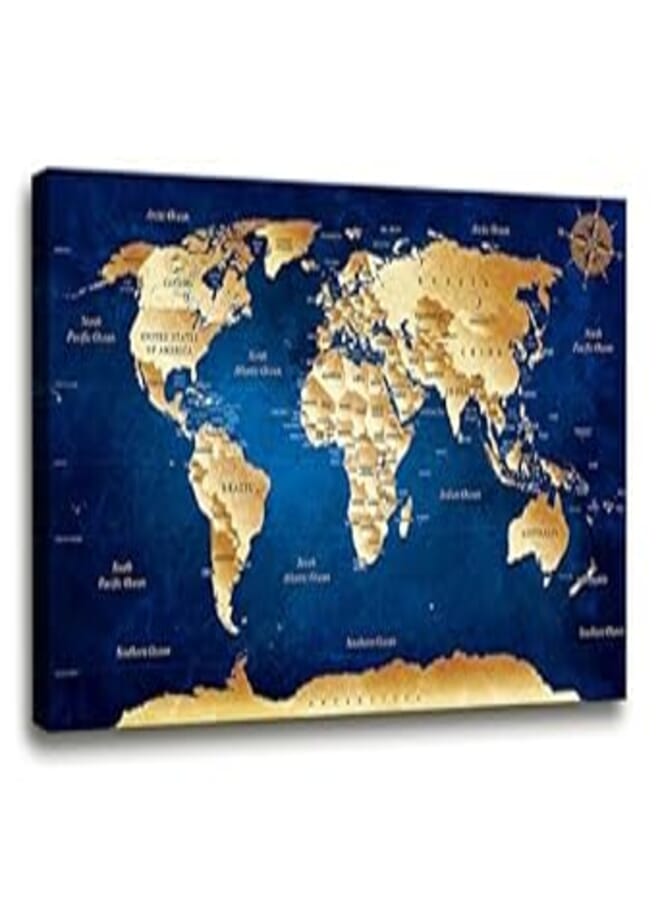 Wall Art blue map of the world Painting Ready to Hang -20" x 40" Pieces Large Framed wall art world Map Canvas Art Map wall decorations Artwork Prints for Background For Home Office Decoration. 
