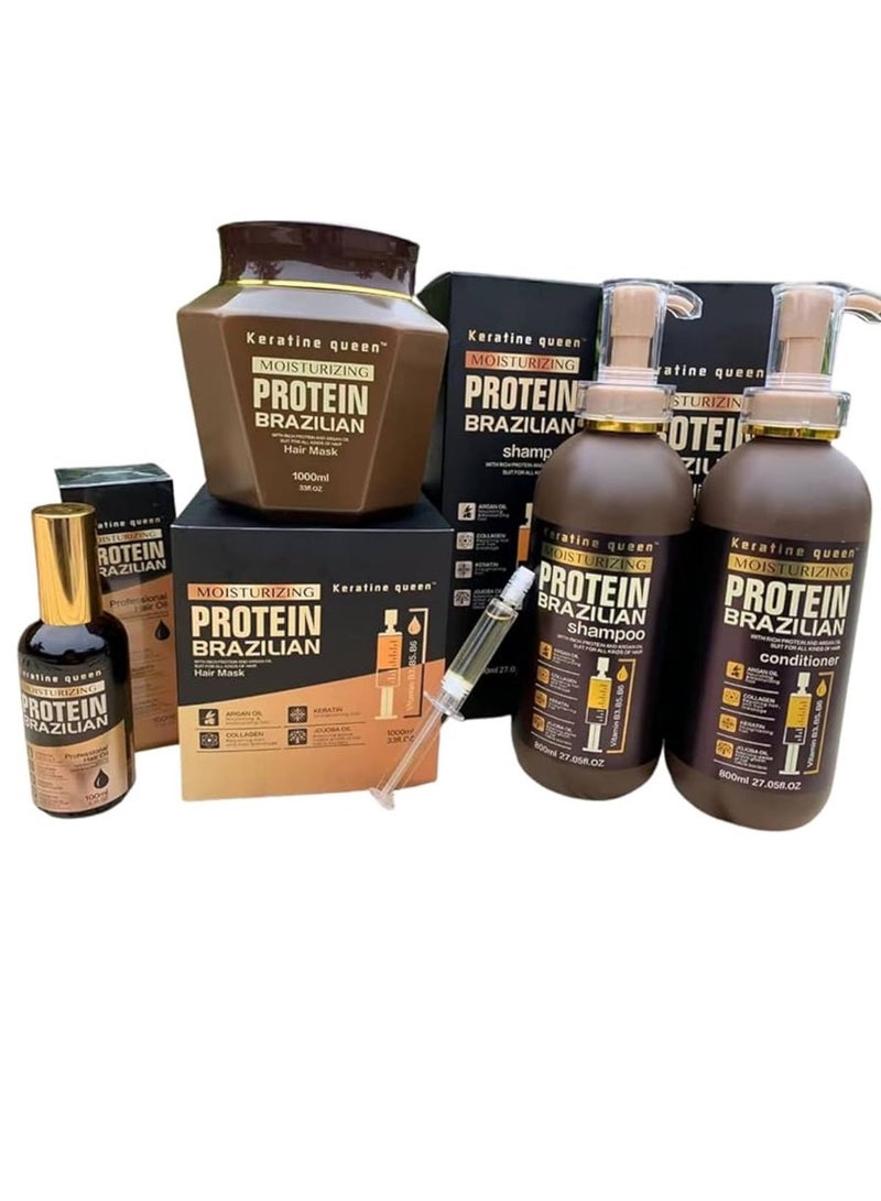 Protein Queen Moisturizing Protein Brazilian Professional Treatment for Repair, Nourishment & Beauty, Shampoo, Conditioner, Hair Mask and Hair Oil (Set of 4)  - Image 1