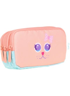 KAUKKO Three Compartment Cute Cat Multicolored Girl's Pencil Bag 