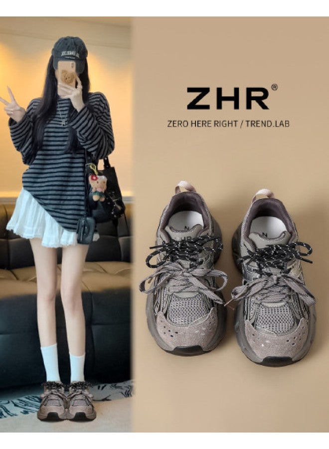 ZHR Double Lace Design】platform Elevator Sneakers, Spring And Summer Soft-sole Cushioned Dad Shoes, Women's Casual Shoes - Image 1