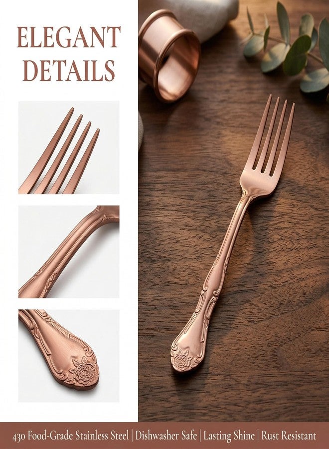 FULLYWARE Rose Gold Salad Forks Set of 12, FULLYWARE 430 Stainless Steel Satin Finish Dessert Forks Silverware, Small Cake Forks with Rose Pattern Design, Dishwasher Safe for Home Restaurant - Image 4