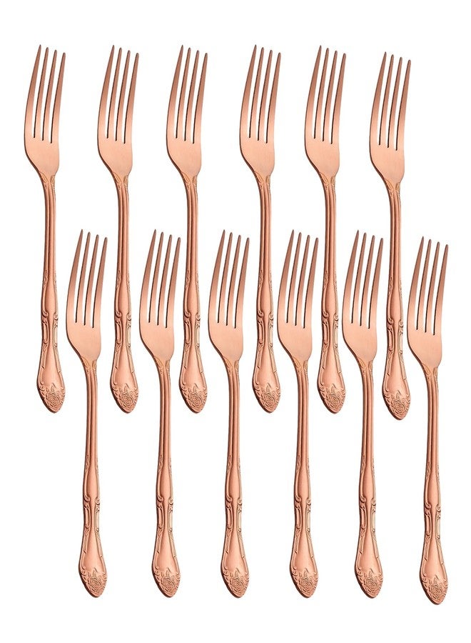 FULLYWARE Rose Gold Salad Forks Set of 12, FULLYWARE 430 Stainless Steel Satin Finish Dessert Forks Silverware, Small Cake Forks with Rose Pattern Design, Dishwasher Safe for Home Restaurant - Image 1