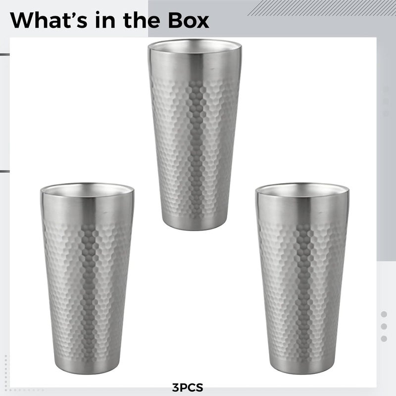 Stainless Steel Insulated Cup Set, 3 X 15 Fl Oz Cups, Hammered, Stackable, Double Wall, for Beer, Coffee, Water, Silver - Image 5
