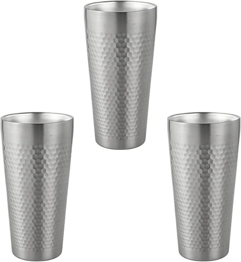 Stainless Steel Insulated Cup Set, 3 X 15 Fl Oz Cups, Hammered, Stackable, Double Wall, for Beer, Coffee, Water, Silver - Image 1