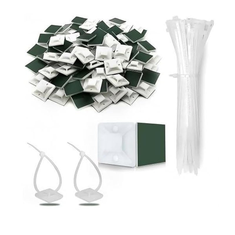Wire Tie Kit (Pack of 100 Self Adhesive Holders and 100 Aviz Zip Ties Cable)