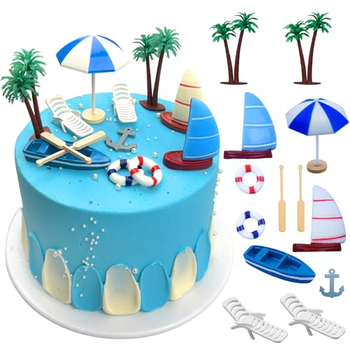 LEBERY Beach Cake Topper 13Pcs Hawaiian Cake Toppers Decoration Summer Ocean Cake Topper Beach Chair Umbrella Boat Palm Tree Cakes Topper for Tropical Aloha Pool Birthday Wedding Baby Shower Party - Image 1
