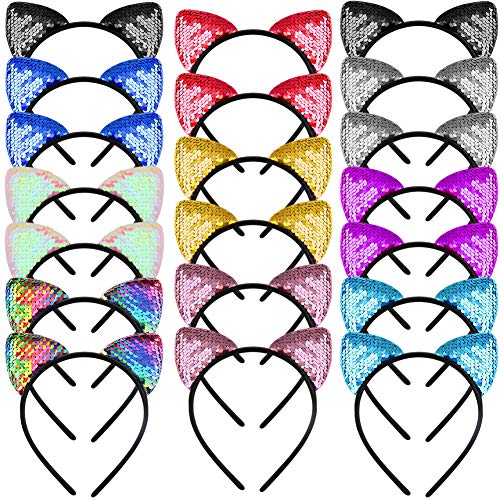 WXJ13 20 Pieces Cat Ears Headbands Reversible sequin headband Cute Cat Headbands - Image 1