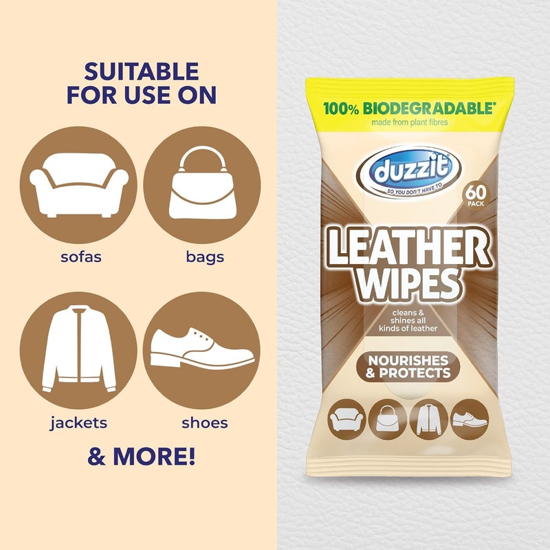 Duzzit Leather Wipes - Nourishes & Protects | 100% Biodegradable - Made From Plant Fibres | Cleans and Shines All Leather - Sofas, Jackets, Bags, Shoes & More (60 Biodegradable Wipes) - Image 2
