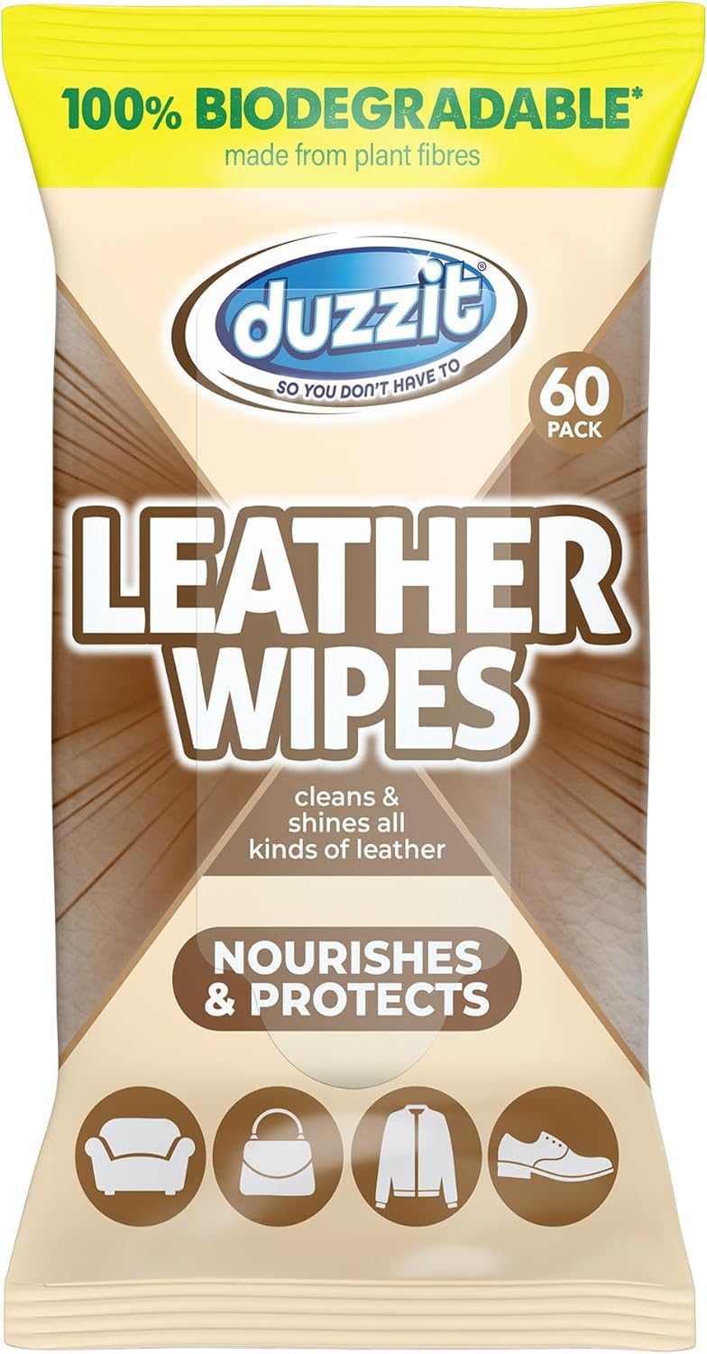 Duzzit Leather Wipes - Nourishes & Protects | 100% Biodegradable - Made From Plant Fibres | Cleans and Shines All Leather - Sofas, Jackets, Bags, Shoes & More (60 Biodegradable Wipes) - Image 1