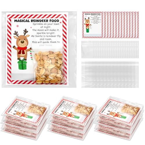 Clabby 100 Sets Magical Reindeer Food Bags 16 x 2 Inches with Reindeer Food Labels and Selfadhesive Bags for Christmas Stocking Stuffers Cookies Candies Gifts Wrapping Holiday Party Favors - Image 1