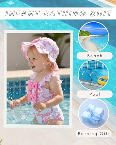 SODLON Baby Swimsuit Girl 3-6 Months Infant Newborn One-Piece Bathing Suit Ruffle Pink Bow Swimwear with Hat & Headband Rash Guard Sweet Swimsuits for Summer Pool Vacation Beach Essentials - Image 4
