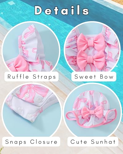 SODLON Baby Swimsuit Girl 3-6 Months Infant Newborn One-Piece Bathing Suit Ruffle Pink Bow Swimwear with Hat & Headband Rash Guard Sweet Swimsuits for Summer Pool Vacation Beach Essentials - Image 5