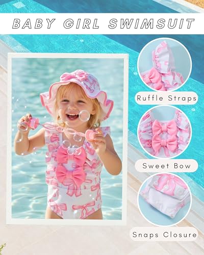SODLON Baby Swimsuit Girl 3-6 Months Infant Newborn One-Piece Bathing Suit Ruffle Pink Bow Swimwear with Hat & Headband Rash Guard Sweet Swimsuits for Summer Pool Vacation Beach Essentials - Image 3