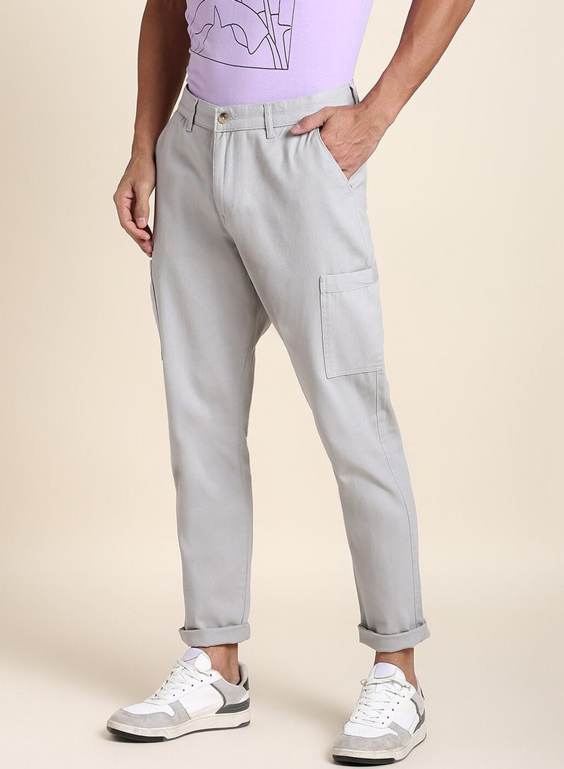 Dennis Lingo Men's Light Grey Cotton Blend Solid Full Length Chinos Tapered Fit Trouser - Image 2