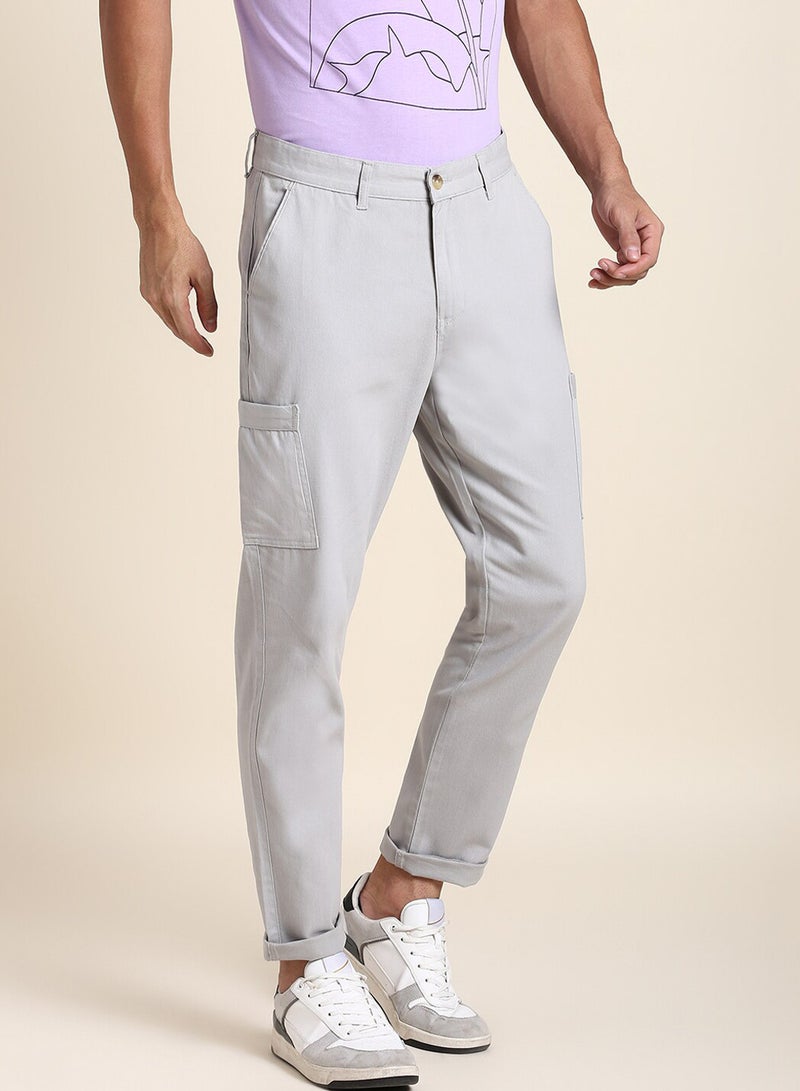 Dennis Lingo Men's Light Grey Cotton Blend Solid Full Length Chinos Tapered Fit Trouser - Image 1