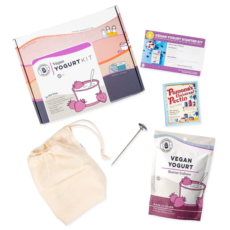 Cultures for Health Vegan Yogurt Starter Kit | 7 Piece DIY Kit Includes 4 Packets Dairy Free Yogurt Culture, Pectin Powder, Cooking Thermometer, & Cotton Nut Milk Bag | Make Yogurt w/Plant Based Milk - Image 1