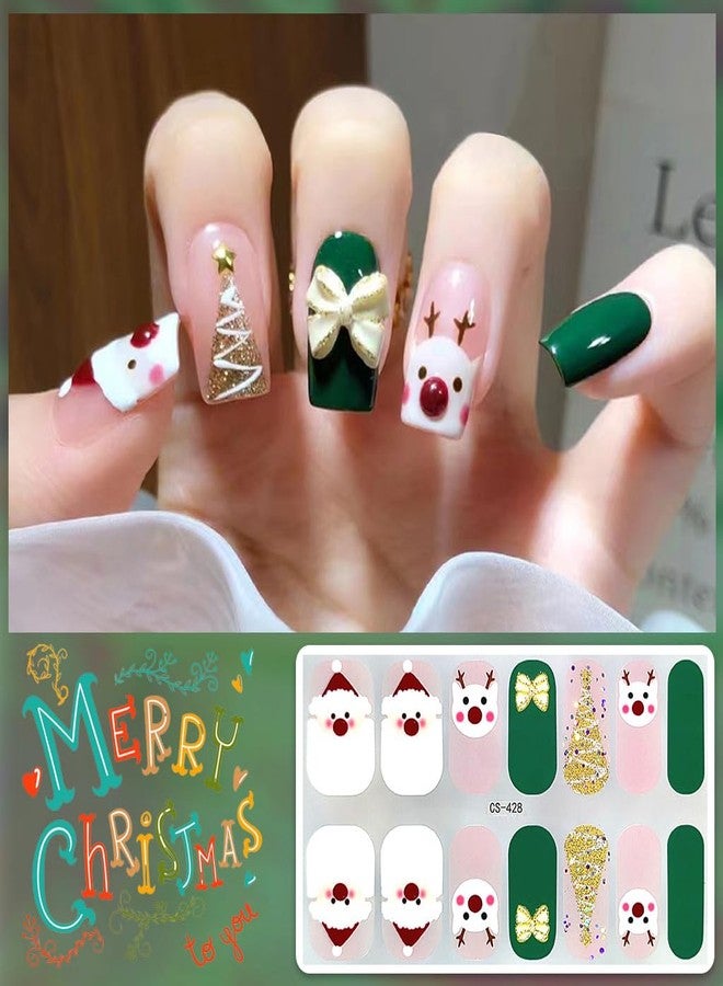 KRTBKR 6 Sheets Christmas Gel Nail Stickers Blue Green Red Snowflakes Gel Nail Polish Strips Xmas Trees Elk Santa Snowman Glitter Design Cute Winter Stickers Full Wrap Gel Nail Strips Stickers for Women DIY - Image 2