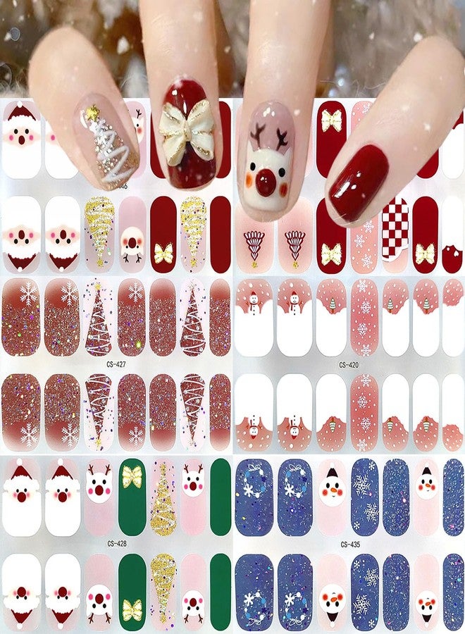 KRTBKR 6 Sheets Christmas Gel Nail Stickers Blue Green Red Snowflakes Gel Nail Polish Strips Xmas Trees Elk Santa Snowman Glitter Design Cute Winter Stickers Full Wrap Gel Nail Strips Stickers for Women DIY - Image 1