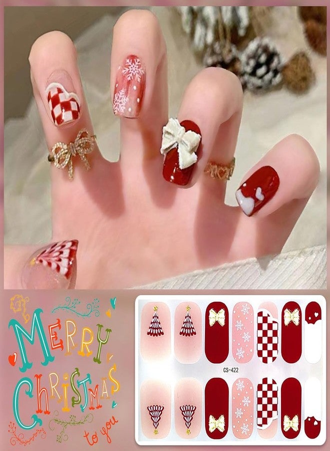 KRTBKR 6 Sheets Christmas Gel Nail Stickers Blue Green Red Snowflakes Gel Nail Polish Strips Xmas Trees Elk Santa Snowman Glitter Design Cute Winter Stickers Full Wrap Gel Nail Strips Stickers for Women DIY - Image 5