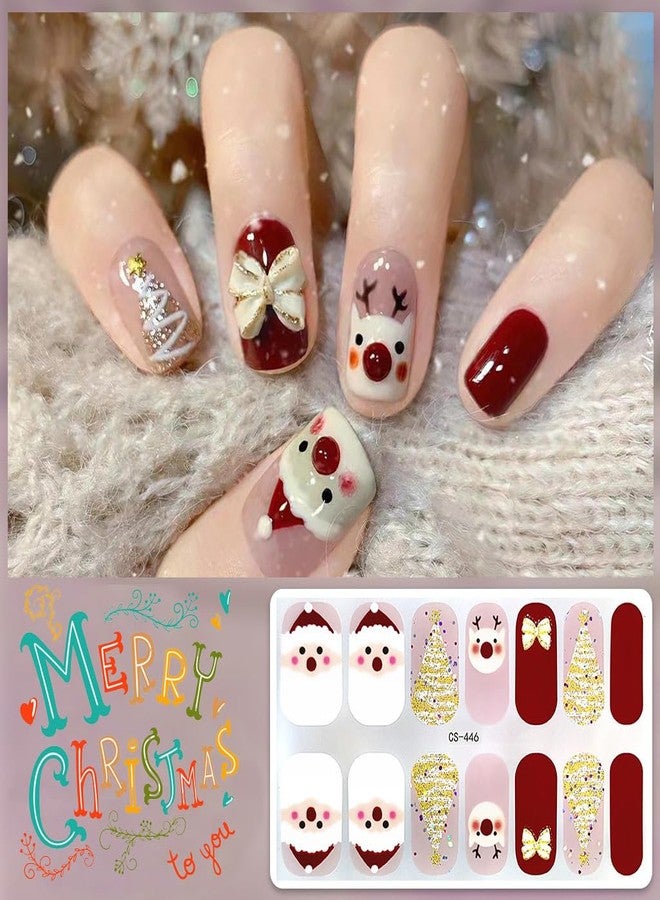 KRTBKR 6 Sheets Christmas Gel Nail Stickers Blue Green Red Snowflakes Gel Nail Polish Strips Xmas Trees Elk Santa Snowman Glitter Design Cute Winter Stickers Full Wrap Gel Nail Strips Stickers for Women DIY - Image 3