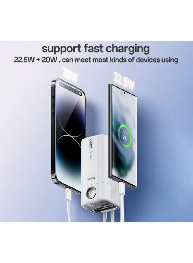 يسيدو باور بانك طاقة 20000 ميلي امبير مع كابلات USB-C و ايفون مدمجة - 22.5W - أبيض - Image 2