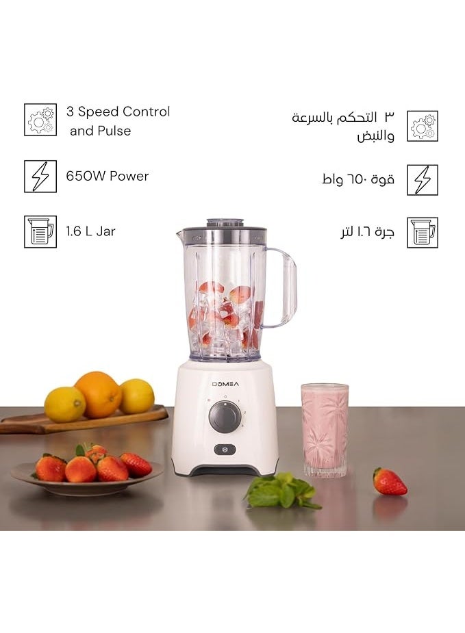DOMEA 2-in-1 Blender & Grinder | 650W High-Speed Motor, 1.6L Blender Jar + 300ml Grinder Jar, 2-Speed with Pulse, Stainless Steel Blades - Image 3