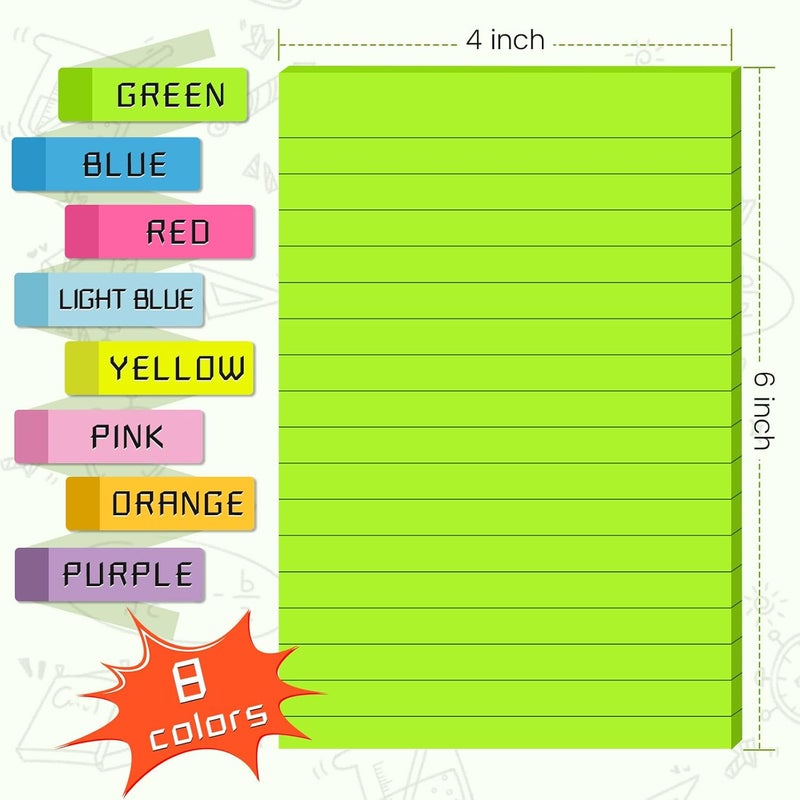 YEECOK (8 Pads) Lined Sticky Notes 4x6 in Post, 8 Colors Self Sticky Notes Pad Its, Bright Post Stickies Colorful Big Rectangular Sticky Notes for Office, Home, School, Meeting, 40 Sheets/pad - Image 2