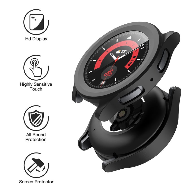 Misxi 2-Pack Hard PC Case with Screen Protector for Samsung Galaxy Watch 5 Pro 45mm, Ultra-thin Scratch Resistant Cover with Tempered Glass for Galaxy Watch5 Pro, Black - Image 2