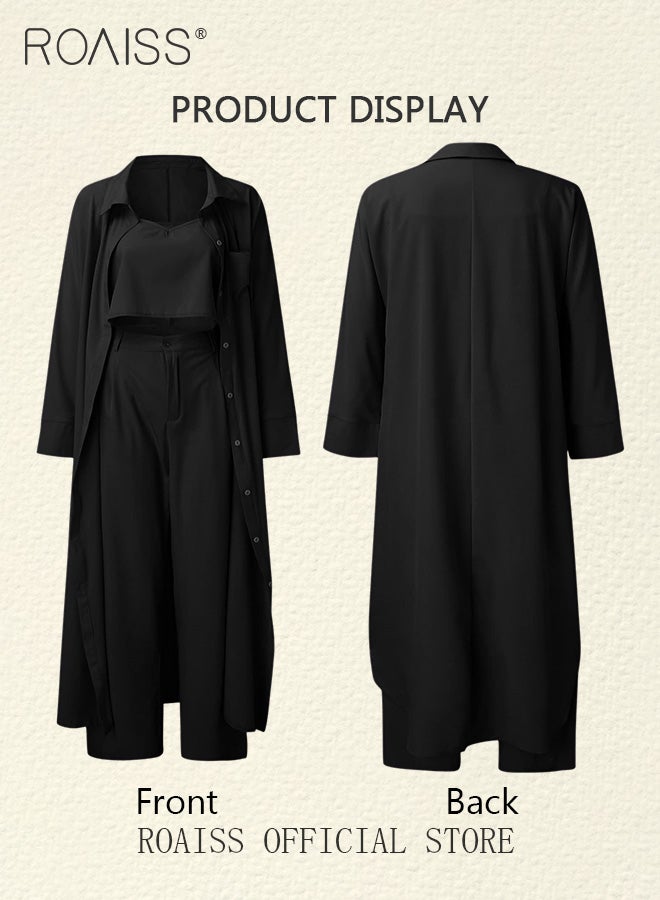 roaiss 3-Piece Set Ladies Fashionable Mid Length Shirt  Long Sleeve Camisole and Wide Leg Pants Perfect for a Stylish and Versatile Look for Ladies Elegant Temperament Casual Outfit - Image 5