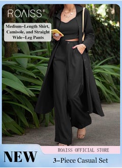 roaiss 3-Piece Set Ladies Fashionable Mid Length Shirt  Long Sleeve Camisole and Wide Leg Pants Perfect for a Stylish and Versatile Look for Ladies Elegant Temperament Casual Outfit  - Image 2