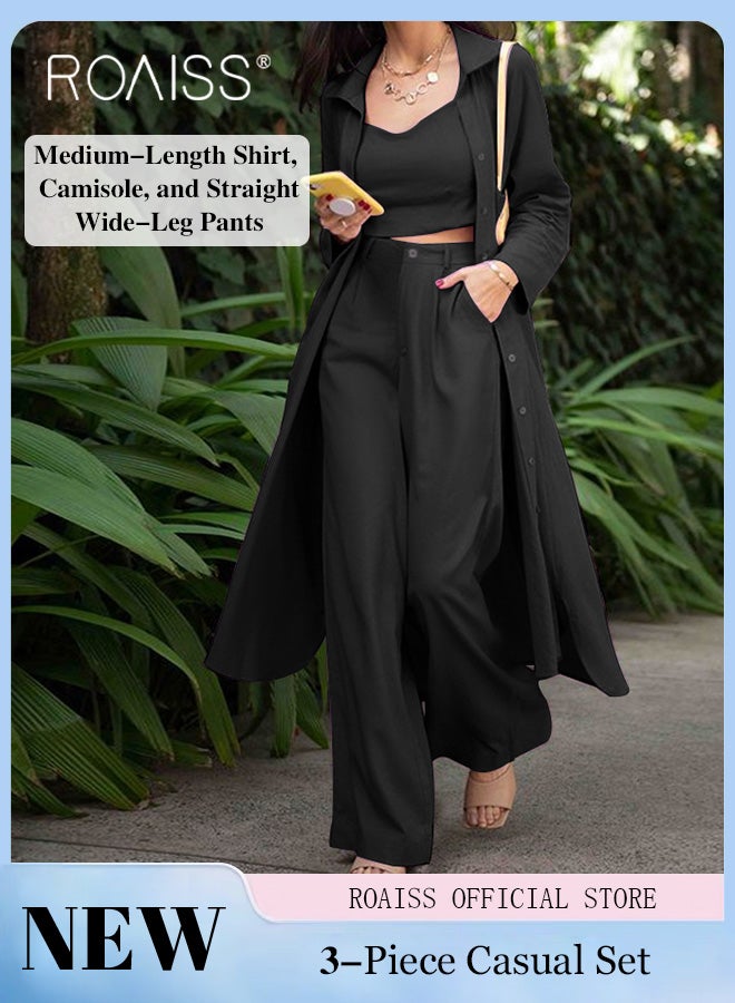 roaiss 3-Piece Set Ladies Fashionable Mid Length Shirt  Long Sleeve Camisole and Wide Leg Pants Perfect for a Stylish and Versatile Look for Ladies Elegant Temperament Casual Outfit - Image 2