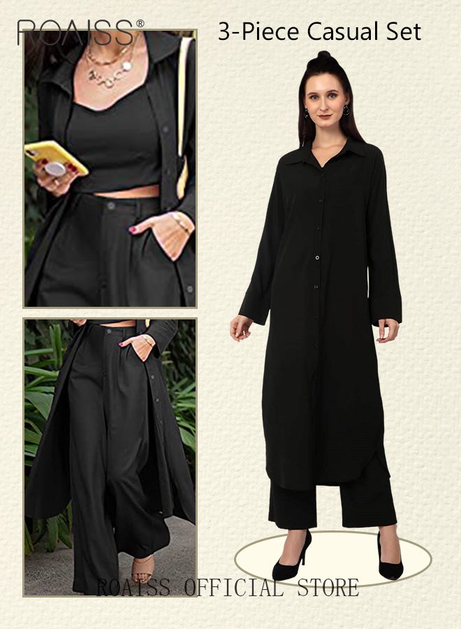 roaiss 3-Piece Set Ladies Fashionable Mid Length Shirt  Long Sleeve Camisole and Wide Leg Pants Perfect for a Stylish and Versatile Look for Ladies Elegant Temperament Casual Outfit - Image 1