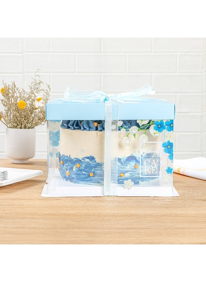 Restaurantware 8.5 Inch x 6.75 Inch Transparent Cake Boxes, 10 Blue Lid Clear Cake Boxes - No Grease Base, Blue Ribbon, Clear Plastic Birthday Cake Boxes, Flower Accent, For Weddings Or Birthdays - Image 3