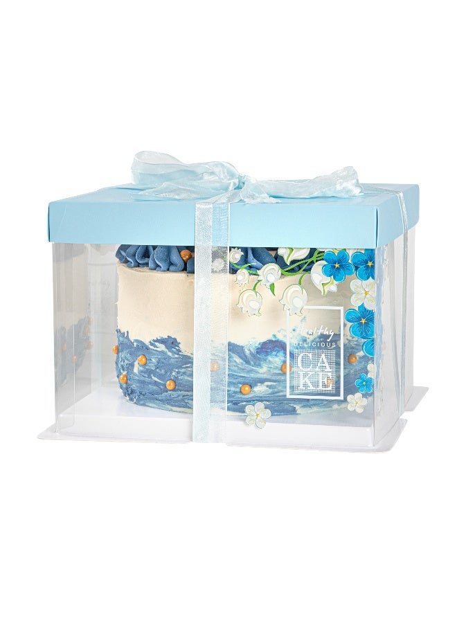Restaurantware 8.5 Inch x 6.75 Inch Transparent Cake Boxes, 10 Blue Lid Clear Cake Boxes - No Grease Base, Blue Ribbon, Clear Plastic Birthday Cake Boxes, Flower Accent, For Weddings Or Birthdays - Image 2