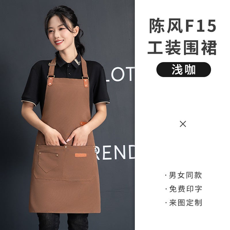 Canvas Apron Printing Embroidered logo Printing Supermarket Milk Tea Shop Coffee Hot Dyeing Specialist Catering Special Waterproof Work Clothes Women shallow coffee