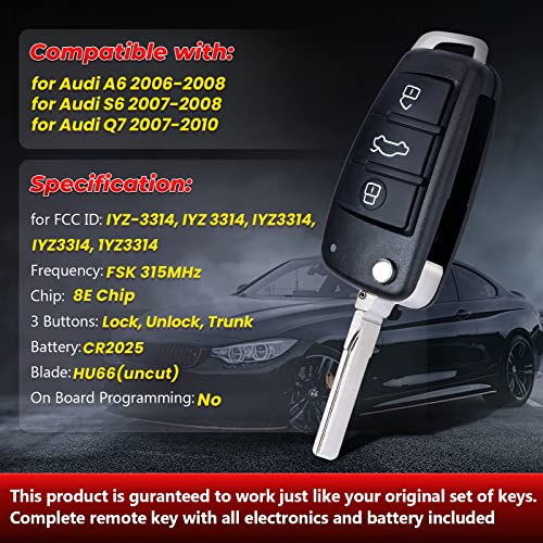 Aichiyu Flip Key Fob for Audi A6 S6 Q7 2006 2007 2008 2009 2010 Remote Control Car Keyfob Transmitter 3 Buttons FSK 315Mhz 8E Chip FCC ID: IYZ-3314 (NO Panic Button) - Image 4