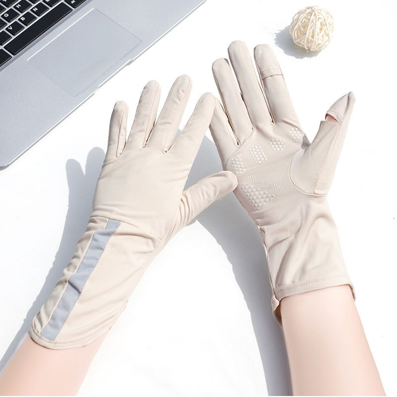 Ladies Summer Sunscreen Gloves, Thin Ice Silk, Touch Screen, Anti-Slip Beige 