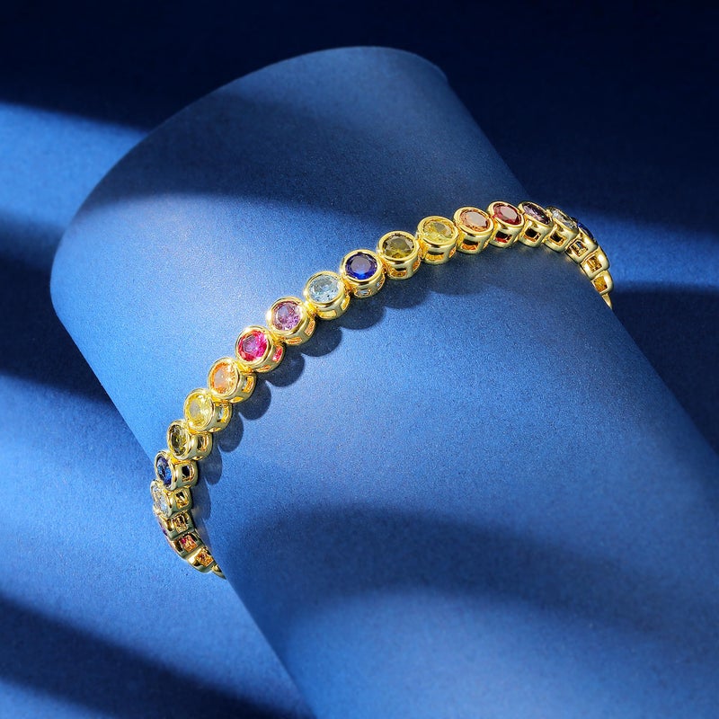 Gemsme 4.0mm Colorful Tennis Link Bracelet, 18K Yellow Gold Plated Bezel-Set 4mm Cubic Zirconia Rainbow Tennis Bracelet for Women - Image 3