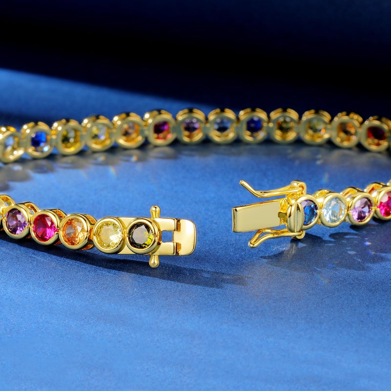 Gemsme 4.0mm Colorful Tennis Link Bracelet, 18K Yellow Gold Plated Bezel-Set 4mm Cubic Zirconia Rainbow Tennis Bracelet for Women - Image 4