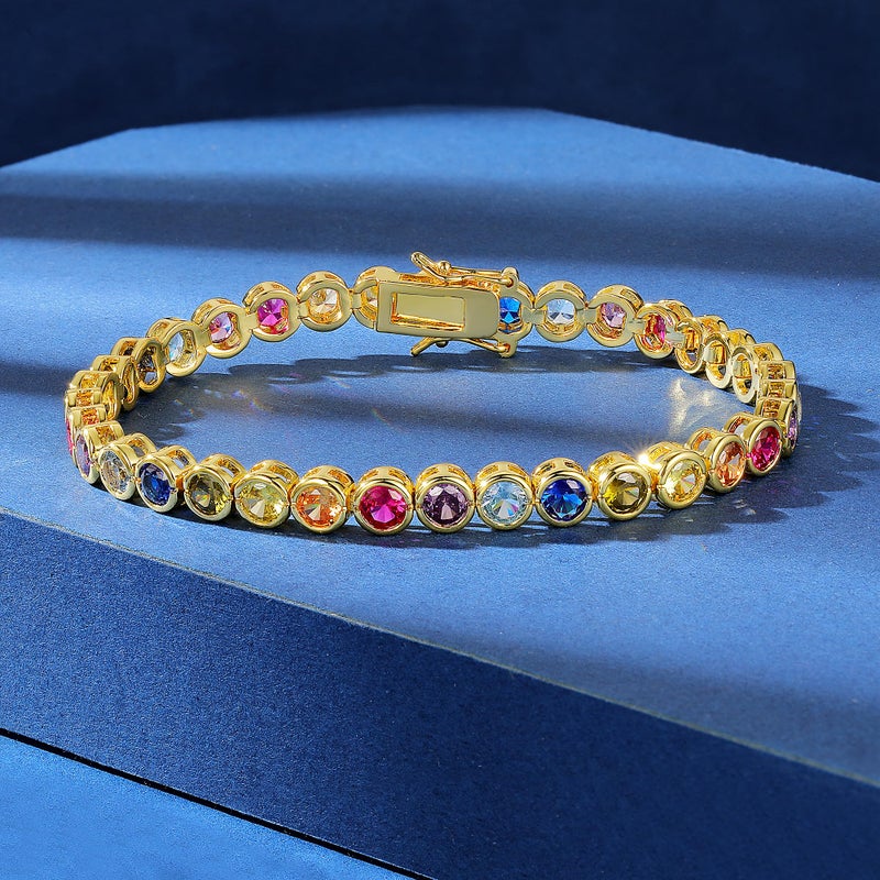 Gemsme 4.0mm Colorful Tennis Link Bracelet, 18K Yellow Gold Plated Bezel-Set 4mm Cubic Zirconia Rainbow Tennis Bracelet for Women - Image 2