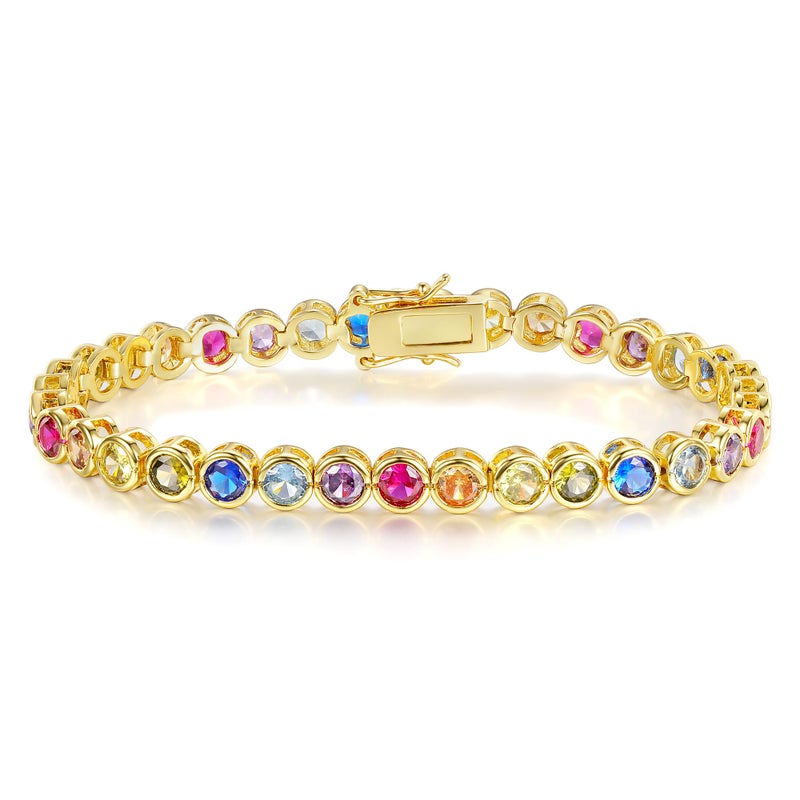 Gemsme 4.0mm Colorful Tennis Link Bracelet, 18K Yellow Gold Plated Bezel-Set 4mm Cubic Zirconia Rainbow Tennis Bracelet for Women - Image 1