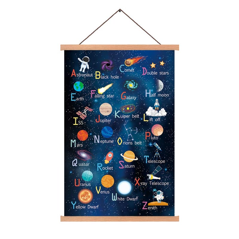 KAIRNE Outer Space Art Print with Wood Magnetic Poster Hanger Frame Astronomy Alphabet Letters Canvas Wall ArtAbstract Universe Educational Poster40X64CM Hanging Painting for Home Classroom Decor