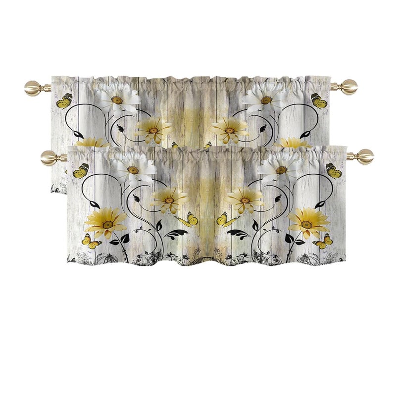 AAtter Yellow and White Floral Valances for Windows 2 Pack 52x18 Inch Rod Pocket Daisy Fabric Curtains for Kitchen Bathroom Farmhouse Rustic Window Treatments - Image 2