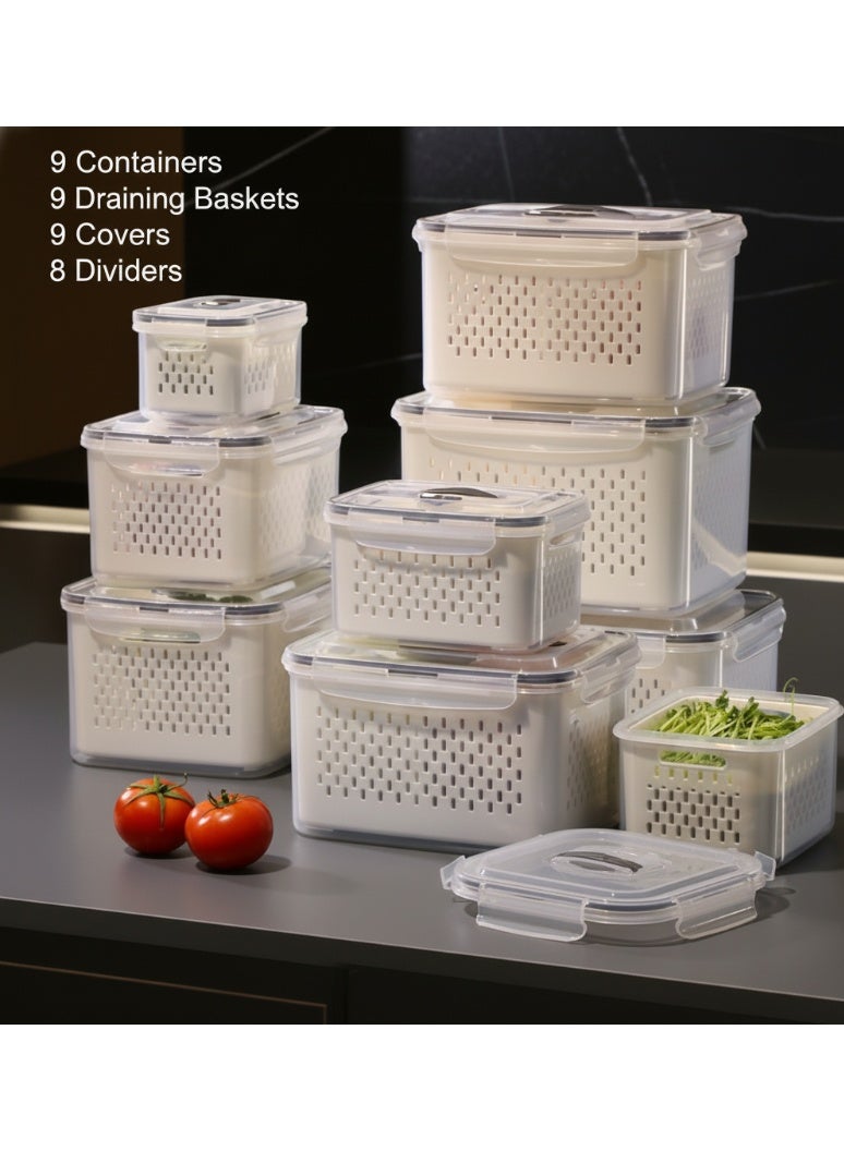YAH Creation 9PCS/Set - 35 Piece - YAH Smart Kitchen Storage Boxes - Airtight, Microwave & Freezer Safe | Fridge & Pantry Organizers | Durable Containers with 9 Draining Baskets & Dividers | For Kitchen, Food & Vegetables. - Image 1