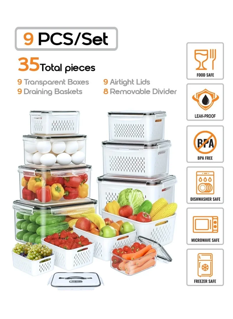 YAH Creation 9PCS/Set - 35 Piece - YAH Smart Kitchen Storage Boxes - Airtight, Microwave & Freezer Safe | Fridge & Pantry Organizers | Durable Containers with 9 Draining Baskets & Dividers | For Kitchen, Food & Vegetables.