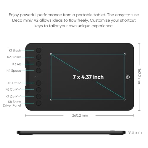 XP-PEN تابلت الرسم XPPen Deco Mini7 V2 المحدث - 16384 مستوى من الضغط مع قلم بدون بطارية، 7 × 4 لوحة رسم OSU، 8 مفاتيح اختصار للفن الرقمي، التعليم، الألعاب، تابلت جرافيك للكروم، الكمبيوتر، ماك، أندرويد - Image 4