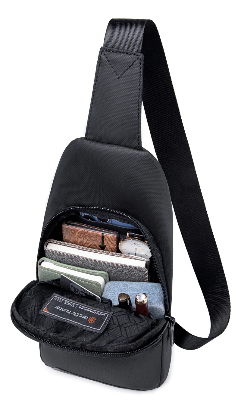 Arctic Hunter  Sling Bag for Men and Women, Water Resistant Durable Small Shoulder Daypack with Built in Earphone Jack and Shock Proof Compartments, XB13001, Black  | Best Price UAE