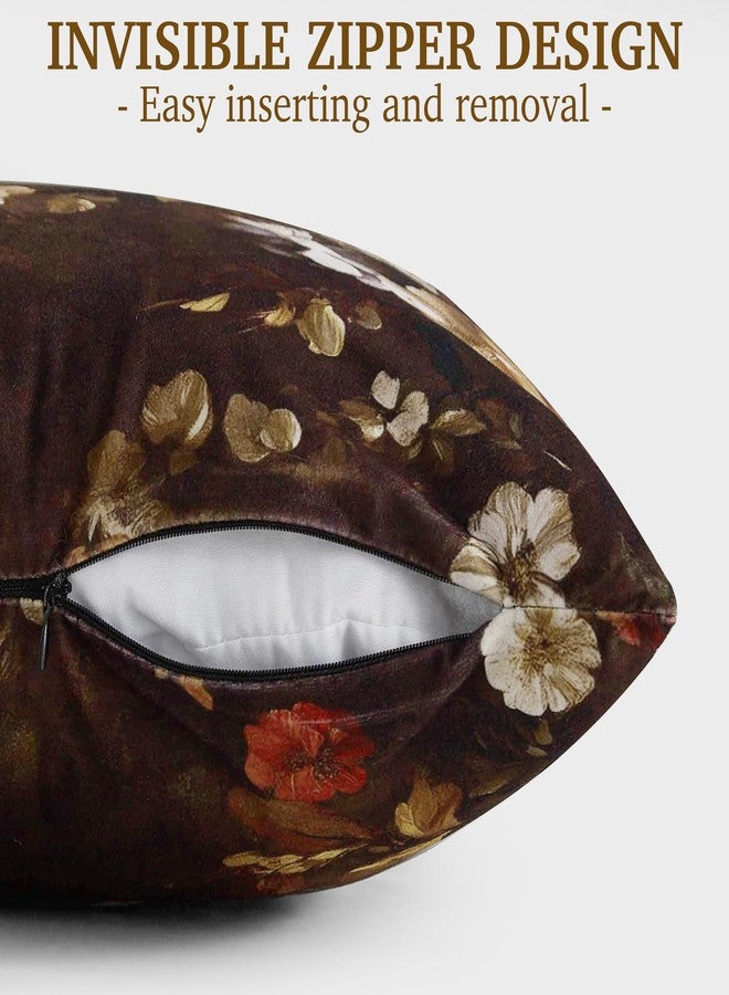 StangH 18x18 inch Floral Throw Pillow Covers, Brown Velvet Blossom Decorative Square Cushion Covers Super Soft Seasonal Vintage Pillowcases for Couch Bed Sofa, Pack of 2 - Image 4