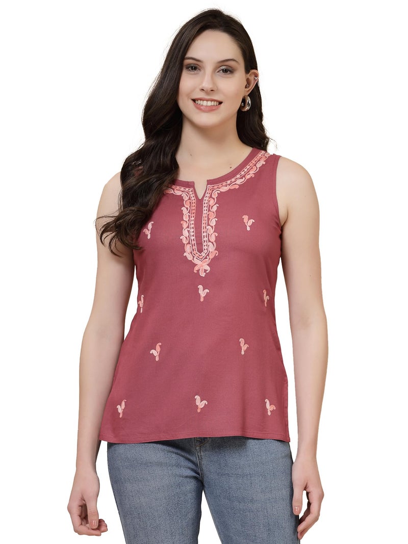 QAZMI Women's Laiba Kashmiri Embriodered Pink Sleevless Short Kurti - L - Image 1